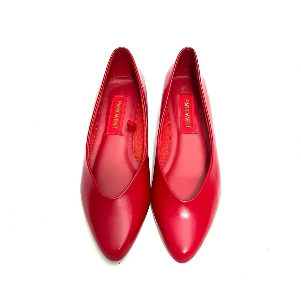 Vintage 1980s deadstock cherry red vegan leather slip on mini wedge heels